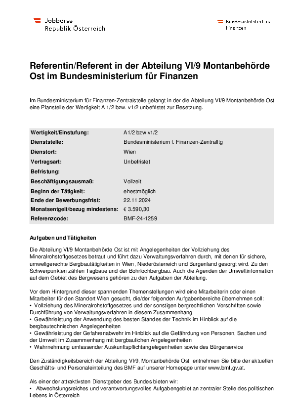 Stellenausschreibung_BMF_Referentin_Referent_Montanbehoerde_Ost